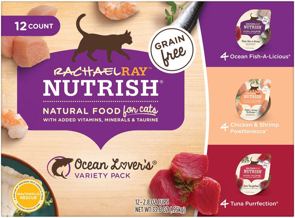 Rachael Ray Nutrish Ocean Lovers Variety Pack Natural Grain-Free Wet Cat Food, 2.8 oz tray, case of 12