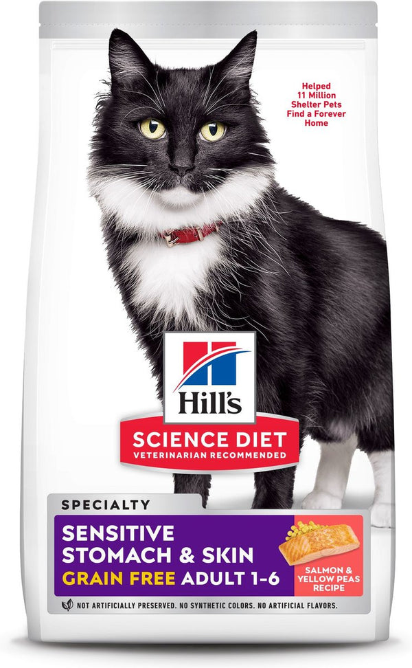 Hill's Science Diet Adult Sensitive Stomach & Skin Grain-Free Salmon & Yellow Pea Recipe Dry Cat Food, 13 lbs