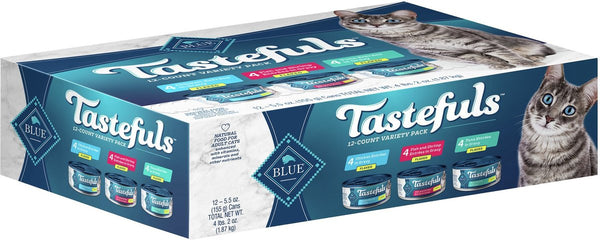 Blue Buffalo Tastefuls Tuna, Chicken, Fish & Shrimp Entrées Variety Pack Flaked Wet Cat Food, (5.5 oz cans, case of 12)