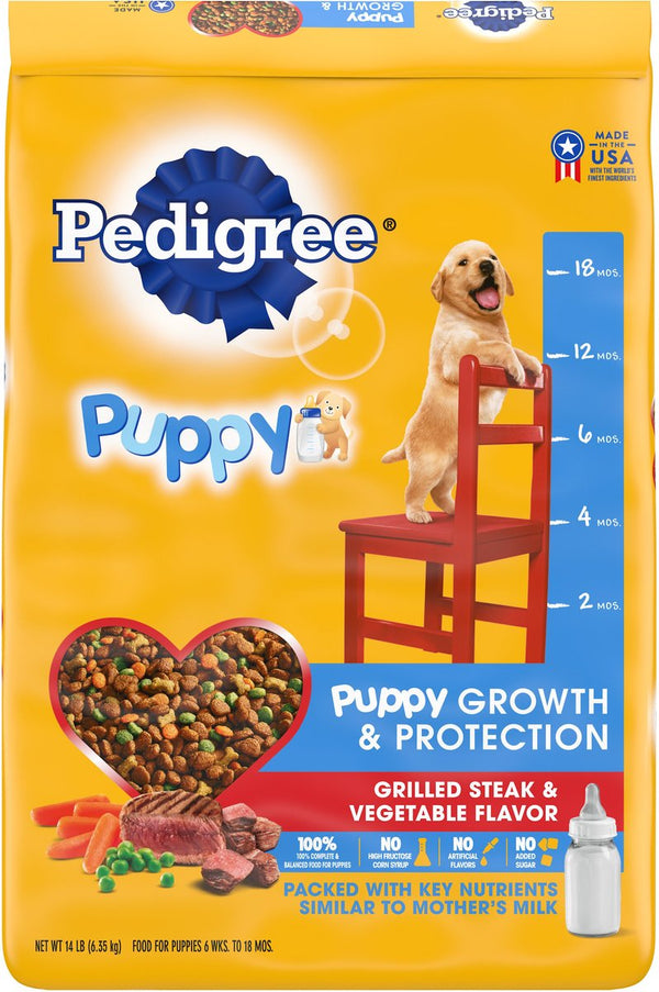 Pedigree Puppy Growth & Protection Grilled Steak & Vegetable Flavor Dry Dog Food, 14 lbs