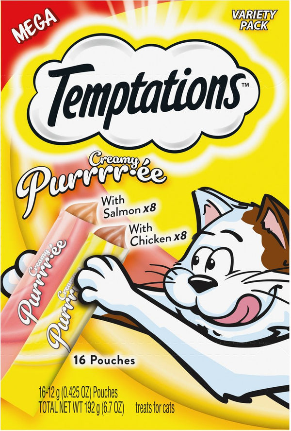 Temptations Creamy Puree Salmon & Chicken Variety Pack Lickable Cat Treats, 0.42 oz pouches, 16 count