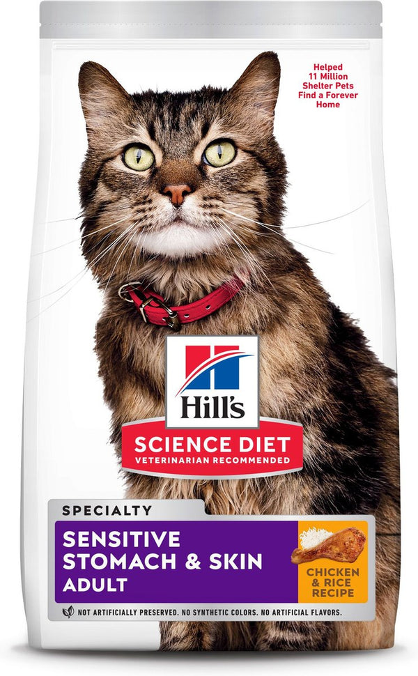 Hill's Science Diet Adult Sensitive Stomach & Sensitive Skin Chicken & Rice Recipe Dry Cat Food, 15.5 lbs