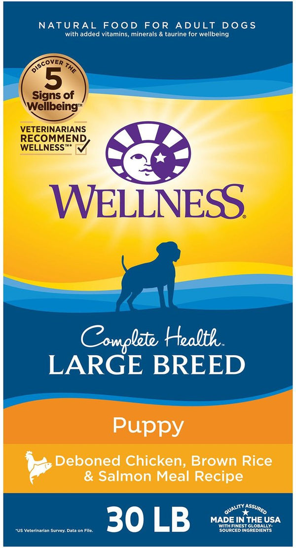 Wellness Large Breed Complete Health Puppy Deboned Chicken, Brown Rice & Salmon Meal Recipe Dry Dog Food, 30 lbs