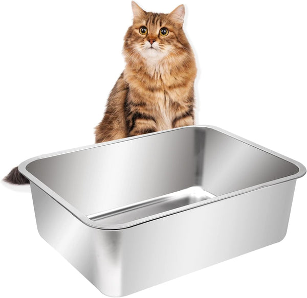 Kichwit Extra Large Stainless Steel Open Cat Litter Box with High Sides, 23.6 x 15.7 x 5.9 inches