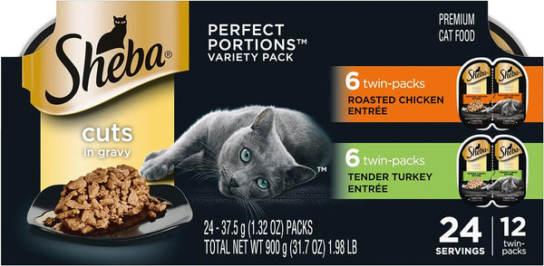 SHEBA PERFECT PORTIONS Cuts in Gravy Adult Wet Cat Food Trays, Roasted Chicken and Tender Turkey Entrée, (12 Count, 24 Servings)