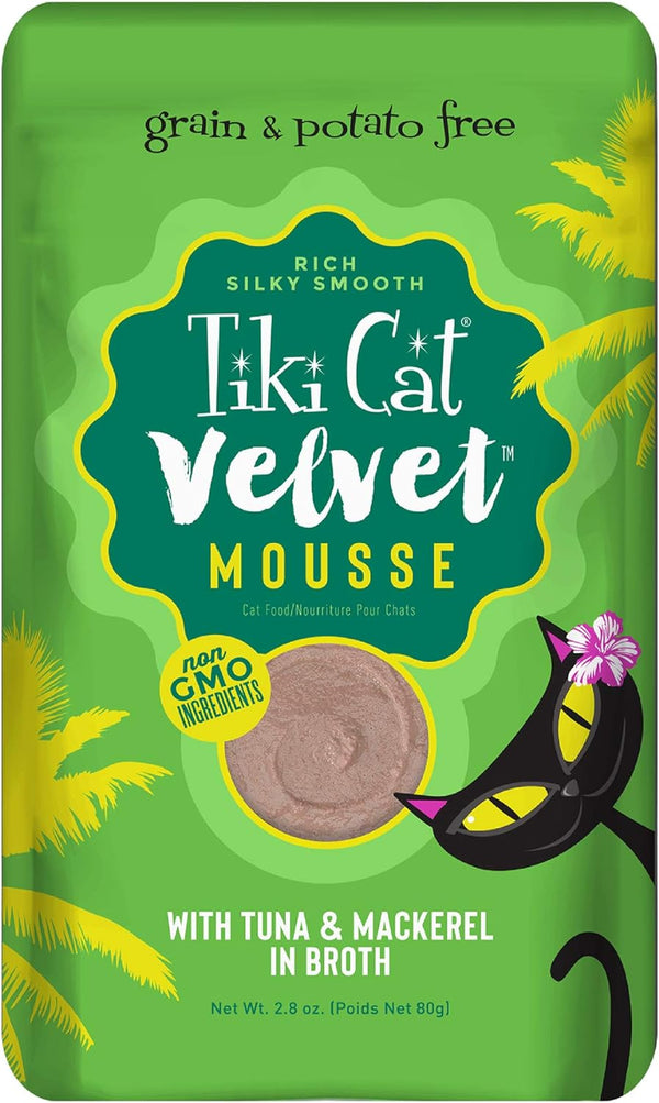 Tiki Cat Velvet Mousse Tuna & Mackerel in Broth, 2.8 oz. Pouch (Pack of 6)