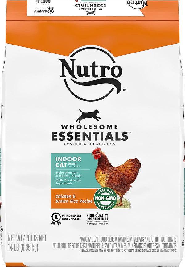 NUTRO WHOLESOME ESSENTIALS Adult Indoor Natural Dry Cat Food for Healthy Weight Chicken & Brown Rice, 14 lbs