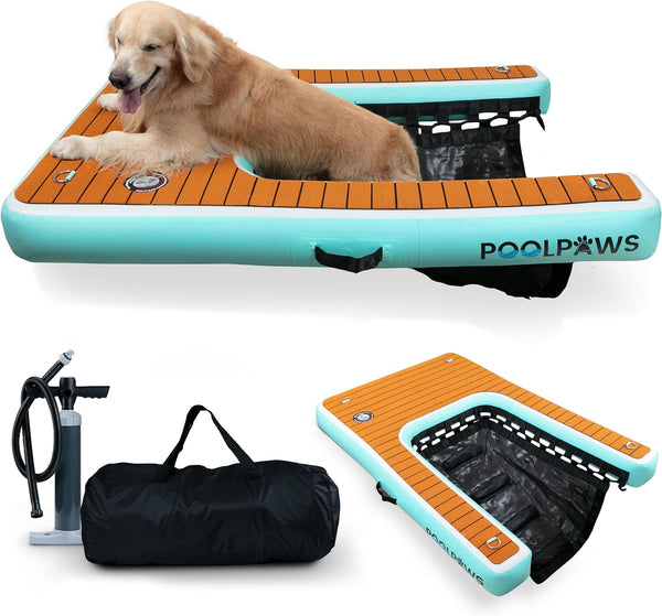 PoolPaws Inflatable Dog Boat Ramp - XL Mesh Dog Float Ladder for Boat, Pools, Docks