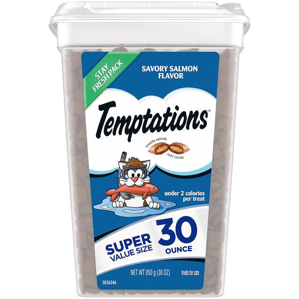 TEMPTATIONS Classic Crunchy and Soft Cat Treats Savory Salmon Flavor, 30 oz. Tub