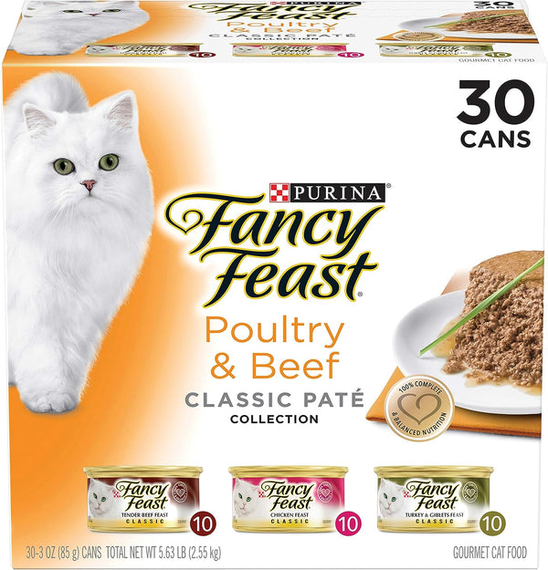 Fancy Feast Poultry and Beef Feast Classic Pate Collection Grain Free Wet Cat Food Variety Pack, 3 oz. Cans