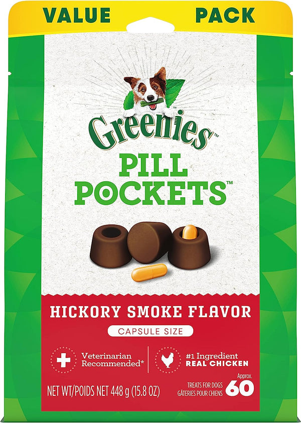 GREENIES PILL POCKETS for Dogs Capsule Size Natural Soft Dog Treats, Hickory Smoke Flavor, 15.8 oz. Pack (60 Treats)