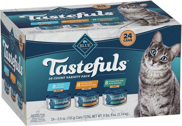 Blue Buffalo Tastefuls Natural Pate Wet Cat Food Variety Pack, Chicken, Turkey & Chicken and Ocean Fish & Tuna, 5.5-oz Cans