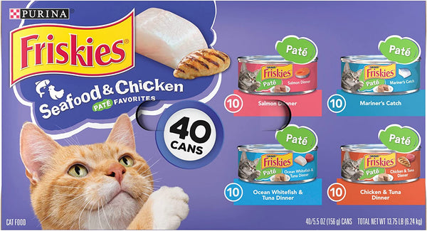 Purina Friskies Wet Cat Food Pate Variety Pack Seafood and Chicken Pate Favorites, (5.5 oz cans, case of 40)