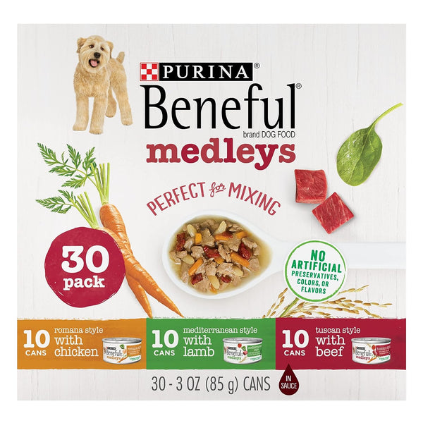 Purina Beneful Wet Dog Food Variety Pack, Medleys Tuscan, Romana & Mediterranean Style - 3 oz. Cans (case of 29)