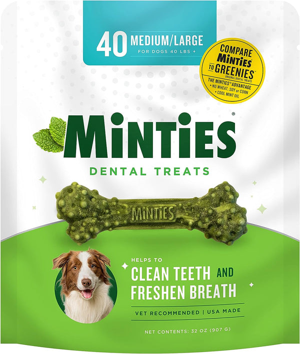 Minties VetIQ Dog Dental Bone Treats for Medium/Large Dogs, 32 oz, 40 Count