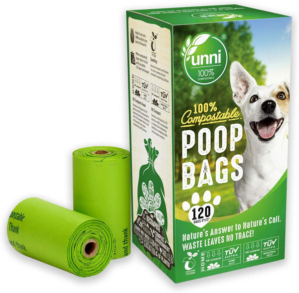 UNNI 100% Compostable Dog Poop Bags, Extra Thick Pet Waste Bags, 120 Count, 8 Refill Rolls