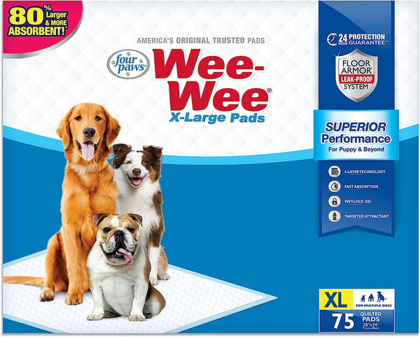 Four Paws Wee-Wee Superior Performance X-Large Dog Pee Pads, 28" x 34" (75 Count)