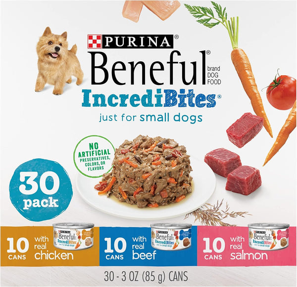 Purina Beneful Small Breed Wet Dog Food Variety Pack, IncrediBites With Real Beef, Chicken or Salmon (3 Oz. Cans, case of 30)