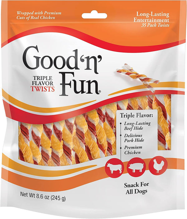 Good 'n' Fun Triple Flavor Twists, Premium Cuts of Real Meat With Rawhide, 35 count