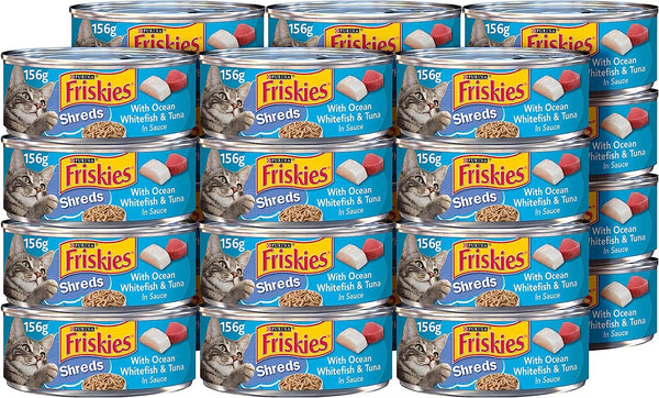 Purina Friskies Wet Cat Food, Shreds With Ocean Whitefish & Tuna in Sauce, (24) 5.5 oz. Cans