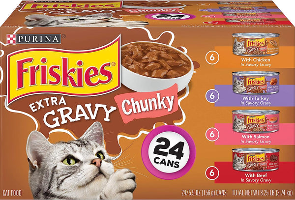 Purina Friskies Gravy Wet Cat Food Variety Pack, Extra Gravy Chunky, 5.5 oz Can, case of 24